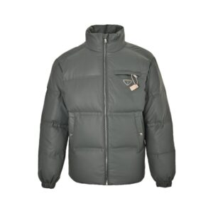 Prada 24ss leather enamel logo stand collar down jacket Grey