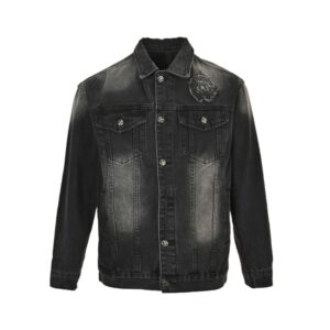 Chrome hearts Sanskrit scroll appliqué washed distressed denim jacket